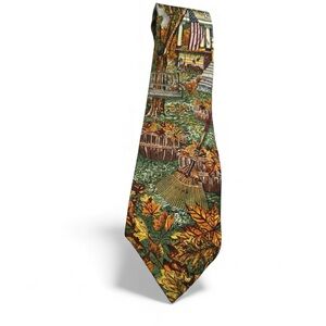 Vintage Americana by MBP 100% Silk Tie Fall Autumn Scene Dog Flag Made USA 4x56